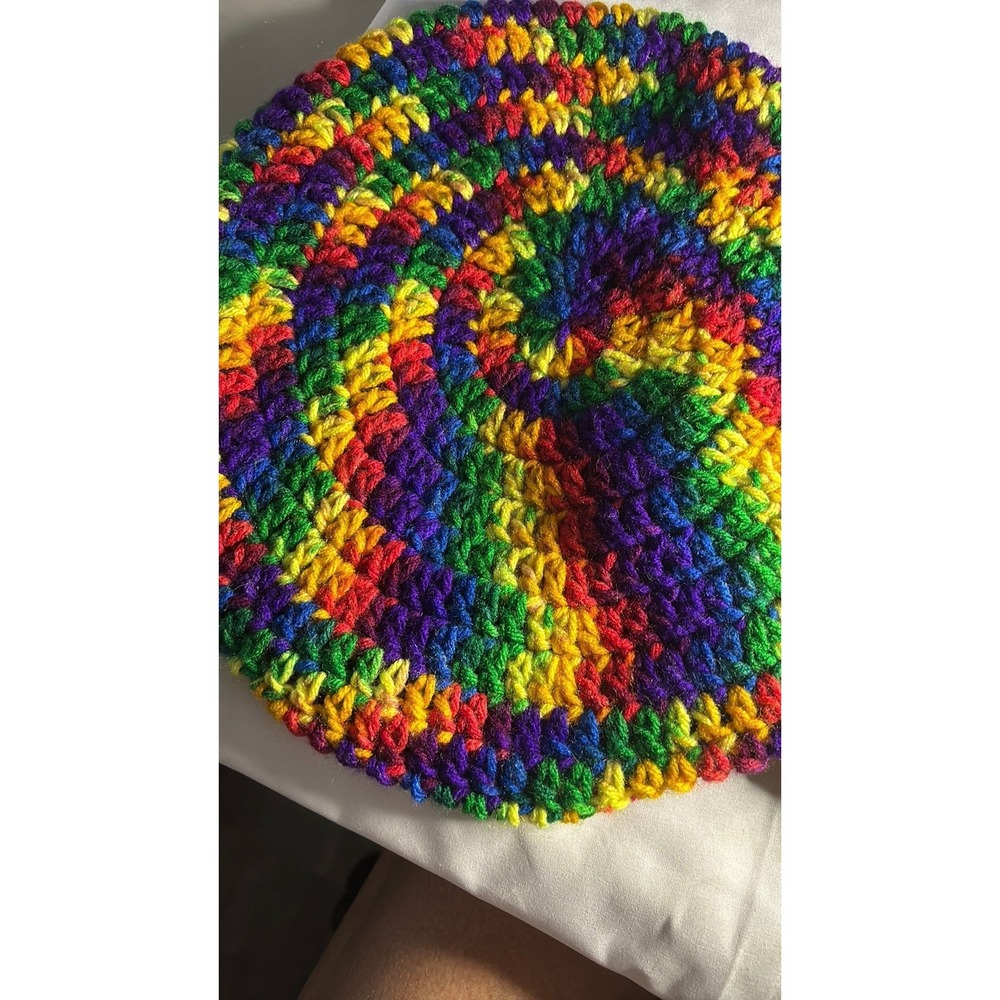Handmade Rainbow Crochet Beret Spiral Slouchy Boho Hippie Pride Beanie Hat